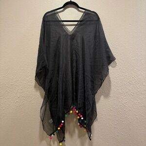 American Exchange Sheer Black Pom Pom Trim Kaftan Beach Cover Up One Size OS